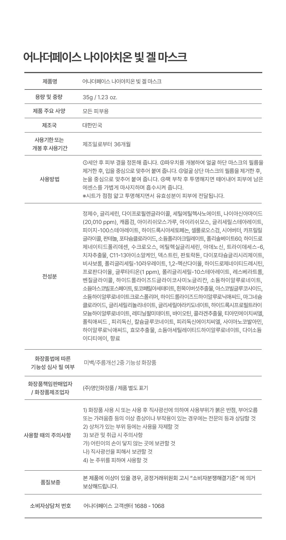 [기미잡티/광채모공팩] 어나더페이스 나이아치온 하이드로겔 마스크팩 1매 상세페이지 27